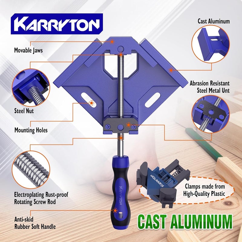 KARRYTON 90 Degree Corner Clamp Set, 4 Pack Aluminum Alloy Swing Jaw Corner Clamps for Woodworking + 4 ABS Plastic Right Angle Clamps, Framing, Cabinet DIY - Image 3